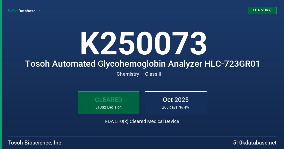 K250073 Tosoh Automated Glycohemoglobin Analyzer HLC-723GR01 FDA 510(k) Cleared Medical Device