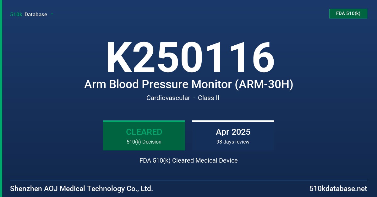 K250116 Arm Blood Pressure Monitor (ARM-30H) FDA 510(k) Cleared Medical Device