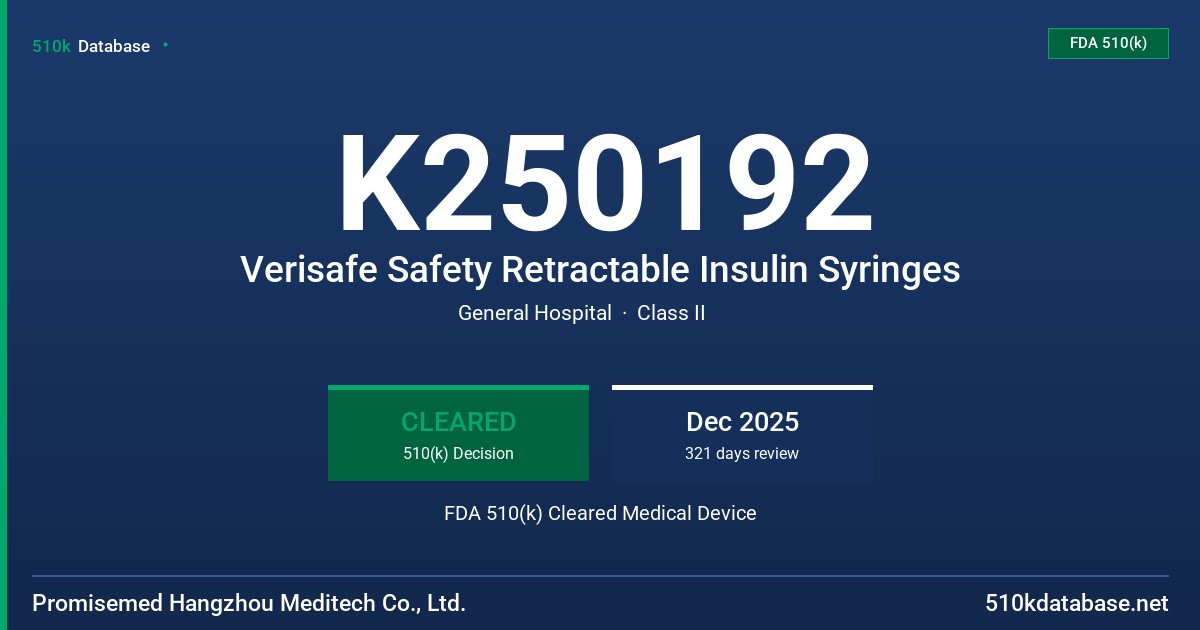 K250192 Verisafe Safety Retractable Insulin Syringes FDA 510(k) Cleared Medical Device