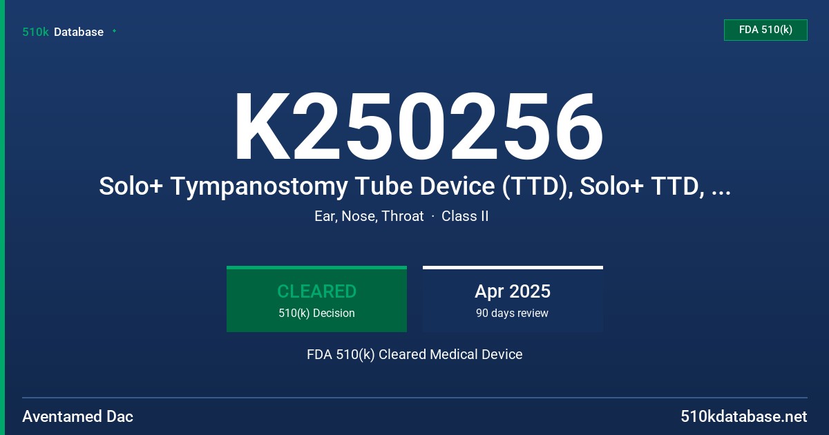 K250256 Solo+ Tympanostomy Tube Device (TTD), Solo+ TTD, Solo+ (Solo+ Tympanostomy Tube Handpiece (Catalogue #: 12115-100-000) and Solo+ Tympanostomy Tube Cartridge (Catalogue #: 12115-200-000)) FDA 510(k) Cleared Medical Device