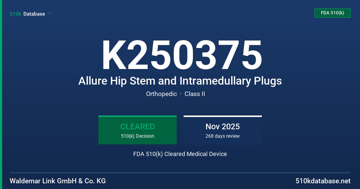 K250375 Allure Hip Stem and Intramedullary Plugs FDA 510(k) Cleared Medical Device