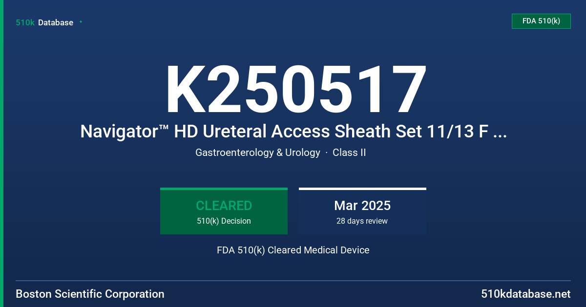 K250517 Navigator™ HD Ureteral Access Sheath Set 11/13 F x 28cm (M0062502210) FDA 510(k) Cleared Medical Device