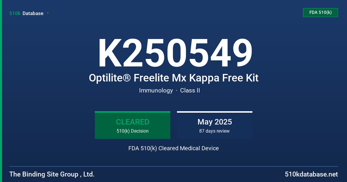 K250549 Optilite® Freelite Mx Kappa Free Kit FDA 510(k) Cleared Medical Device