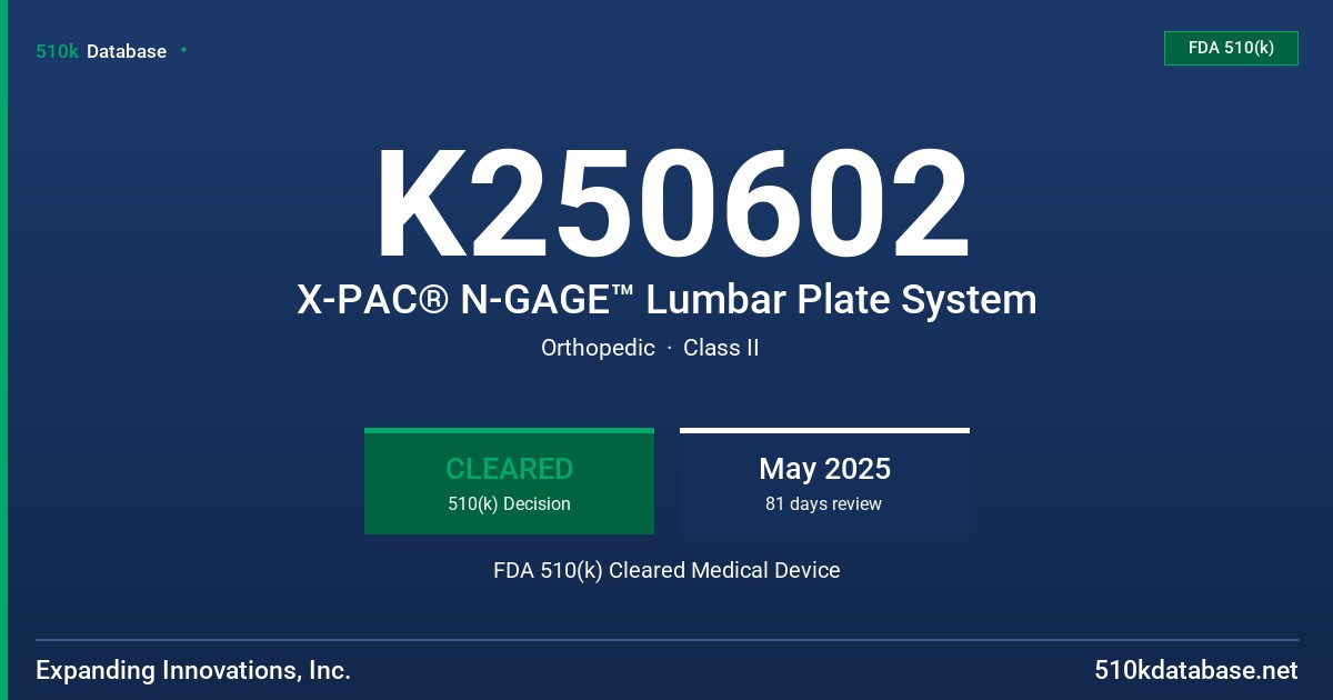 K250602 X-PAC® N-GAGE™ Lumbar Plate System FDA 510(k) Cleared Medical Device