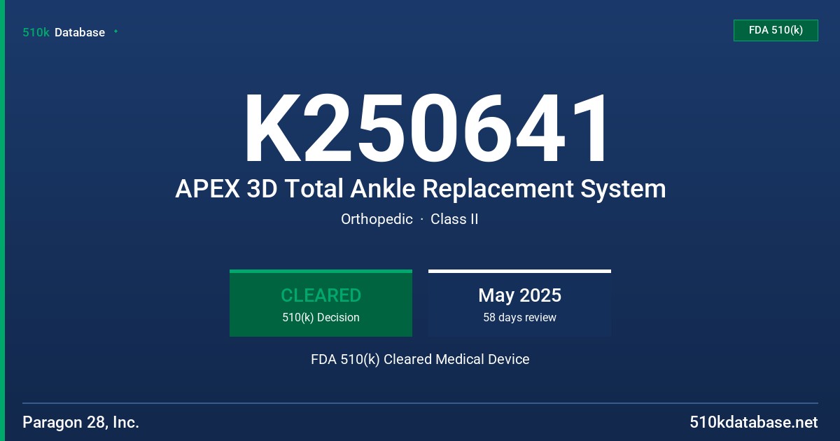 K250641 APEX 3D Total Ankle Replacement System FDA 510(k) Cleared Medical Device
