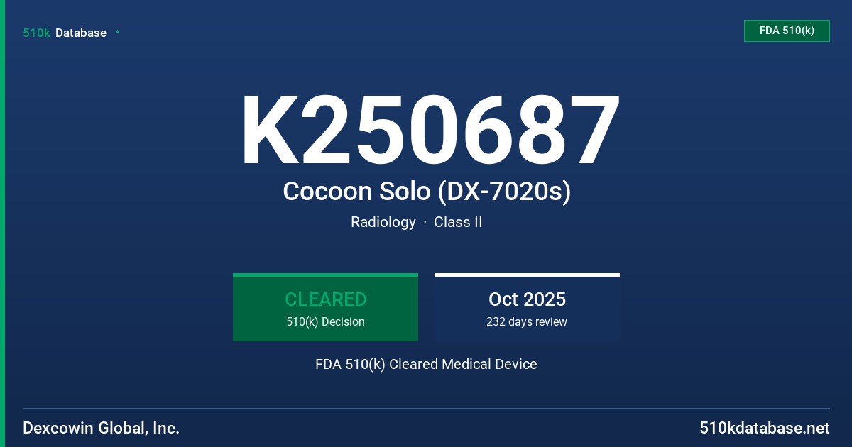 K250687 Cocoon Solo (DX-7020s) FDA 510(k) Cleared Medical Device