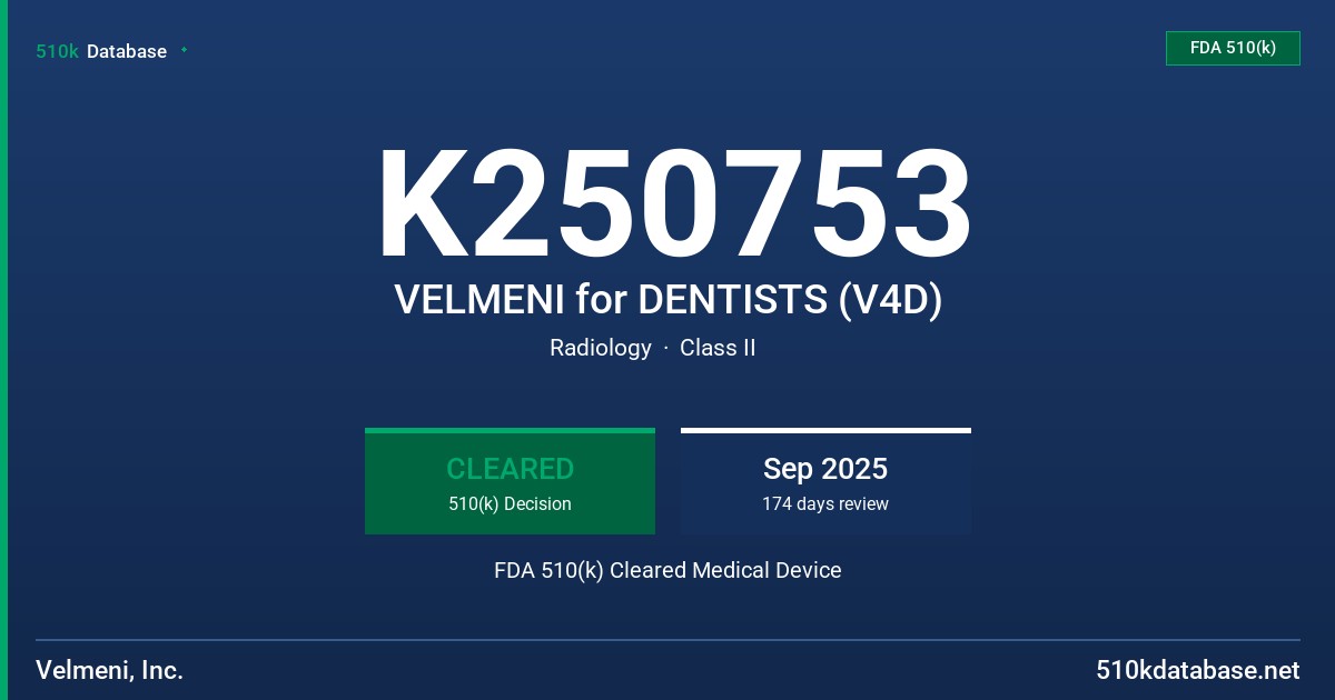 K250753 VELMENI for DENTISTS (V4D) FDA 510(k) Cleared Medical Device