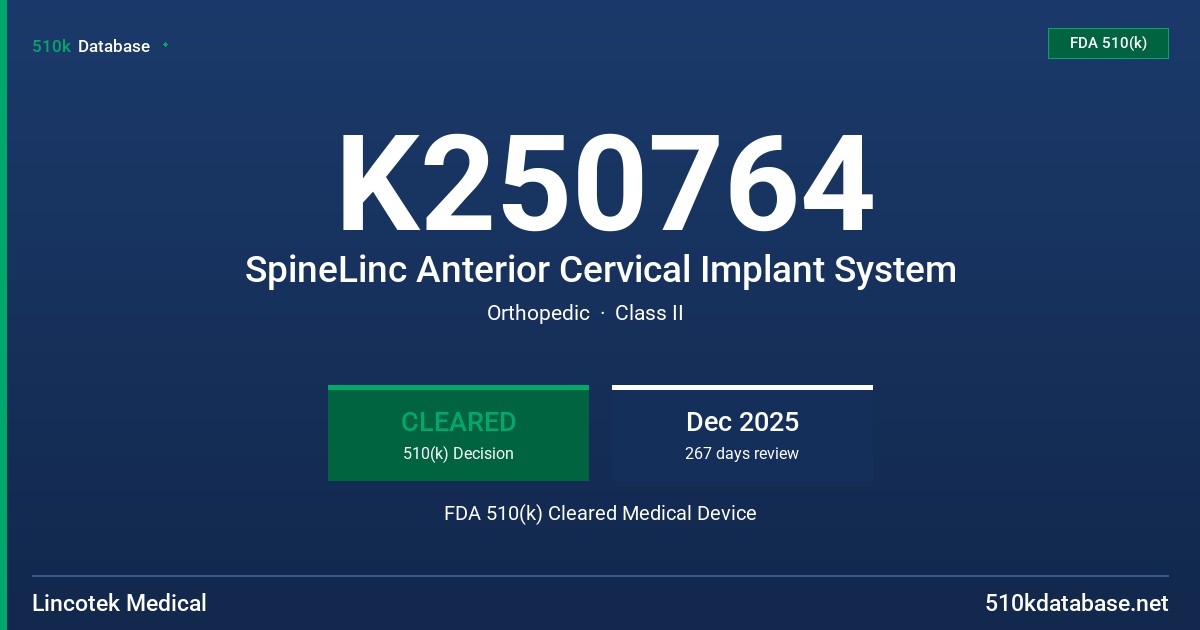 K250764 SpineLinc Anterior Cervical Implant System FDA 510(k) Cleared Medical Device