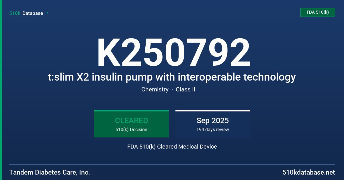 K250792 t:slim X2 insulin pump with interoperable technology FDA 510(k) Cleared Medical Device