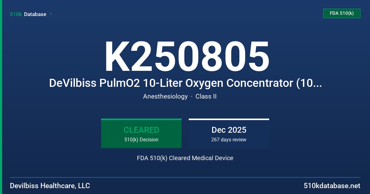 K250805 DeVilbiss PulmO2 10-Liter Oxygen Concentrator (1060AW) FDA 510(k) Cleared Medical Device