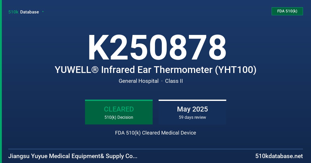K250878 YUWELL® Infrared Ear Thermometer (YHT100) FDA 510(k) Cleared Medical Device