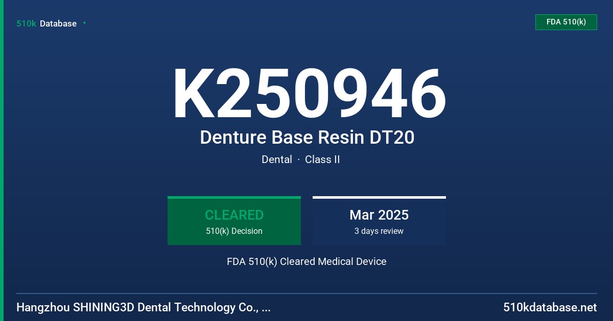 K250946 Denture Base Resin DT20 FDA 510(k) Cleared Medical Device