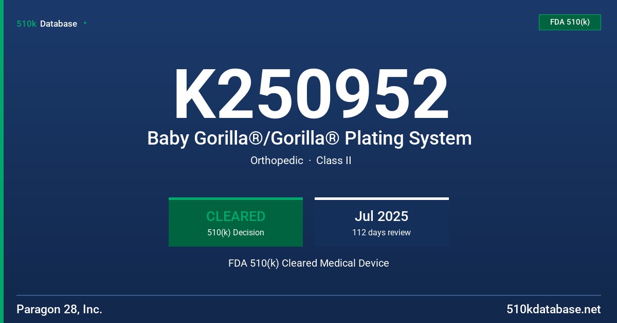 K250952 Baby Gorilla®/Gorilla® Plating System FDA 510(k) Cleared Medical Device