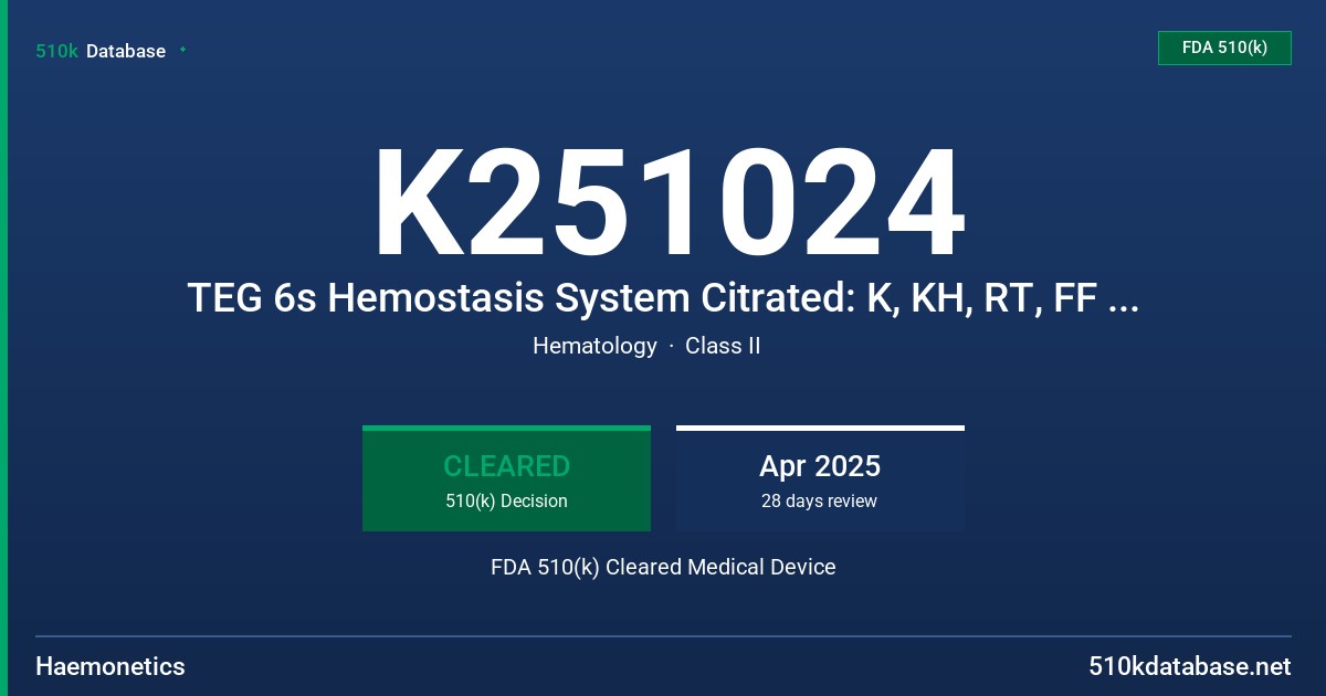 K251024 TEG 6s Hemostasis System Citrated: K, KH, RT, FF Assay Cartridge FDA 510(k) Cleared Medical Device