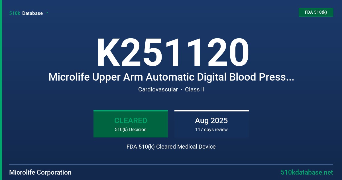 K251120 Microlife Upper Arm Automatic Digital Blood Pressure Monitor, Model BP Progress (BP3T01-1B) FDA 510(k) Cleared Medical Device