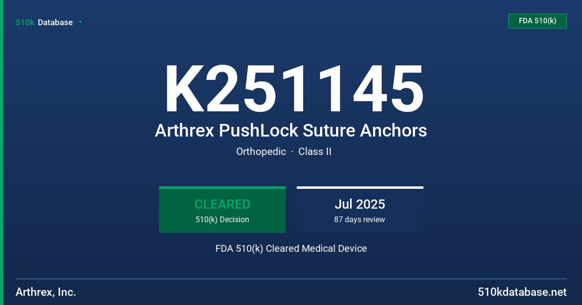 K251145 Arthrex PushLock Suture Anchors FDA 510(k) Cleared Medical Device