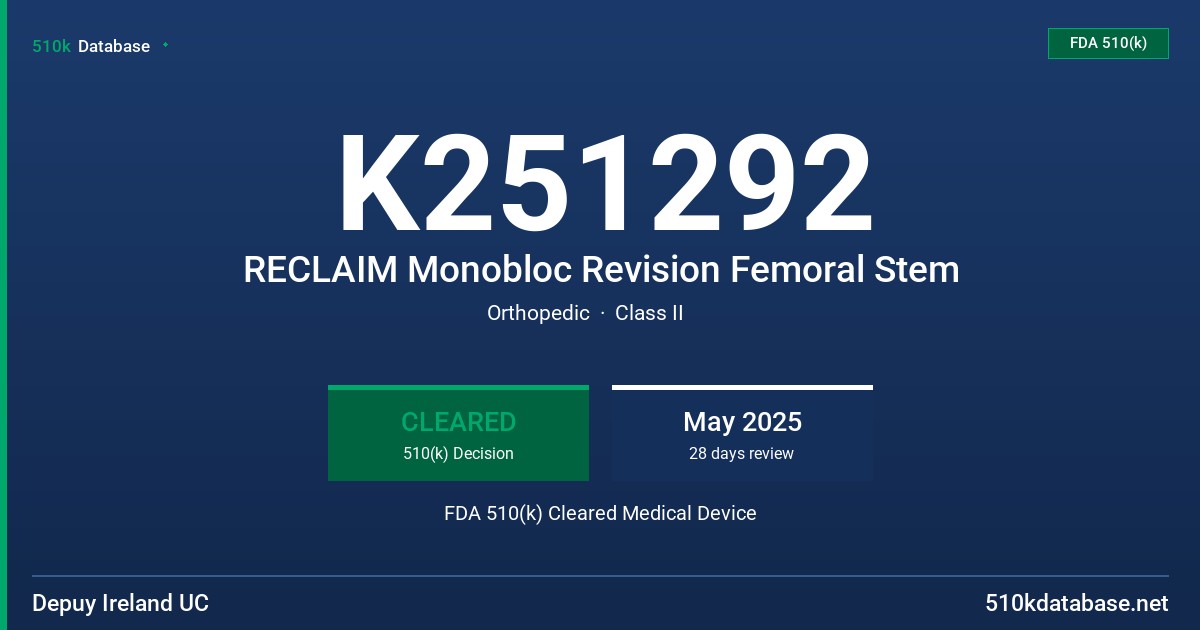 K251292 RECLAIM Monobloc Revision Femoral Stem FDA 510(k) Cleared Medical Device