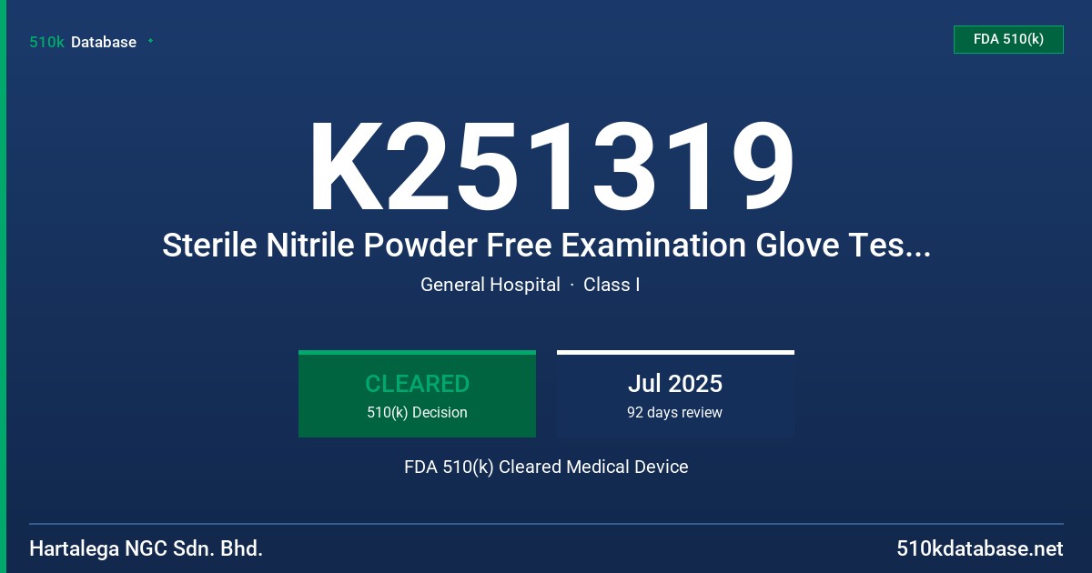 K251319 Sterile Nitrile Powder Free Examination Glove Tested for Use with Chemotherapy Drugs and Fentanyl Citrate (Blue) FDA 510(k) Cleared Medical Device