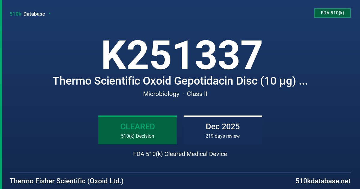 K251337 Thermo Scientific Oxoid Gepotidacin Disc (10 µg) GEP10 FDA 510(k) Cleared Medical Device