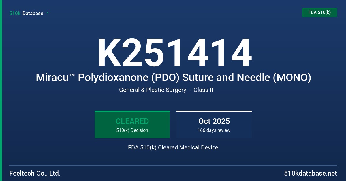 K251414 Miracu™ Polydioxanone (PDO) Suture and Needle (MONO) FDA 510(k) Cleared Medical Device