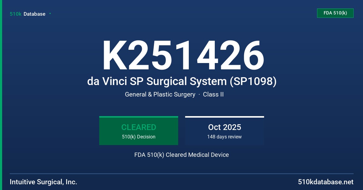 K251426 da Vinci SP Surgical System (SP1098) FDA 510(k) Cleared Medical Device
