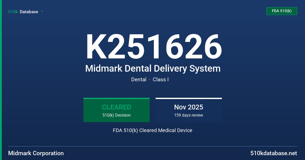 K251626 Midmark Dental Delivery System FDA 510(k) Cleared Medical Device