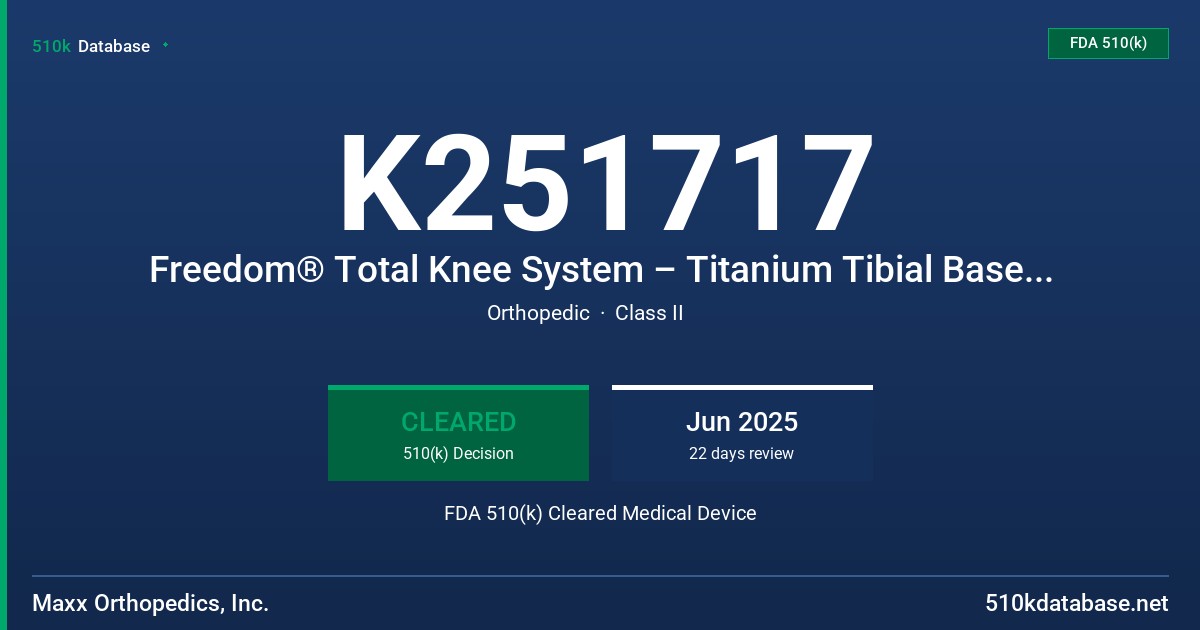 K251717 Freedom® Total Knee System – Titanium Tibial Base Plate FDA 510(k) Cleared Medical Device