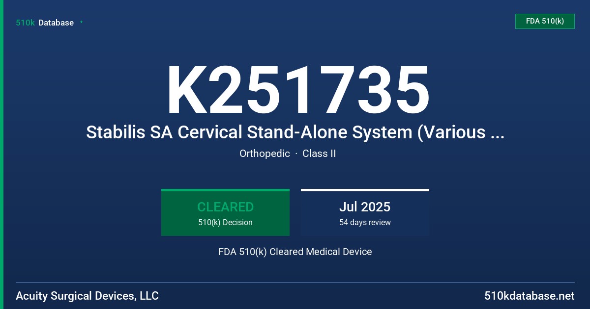 K251735 Stabilis SA Cervical Stand-Alone System (Various PNs) FDA 510(k) Cleared Medical Device