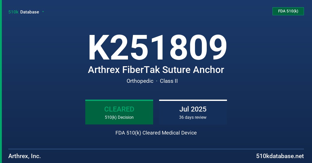 K251809 Arthrex FiberTak Suture Anchor FDA 510(k) Cleared Medical Device