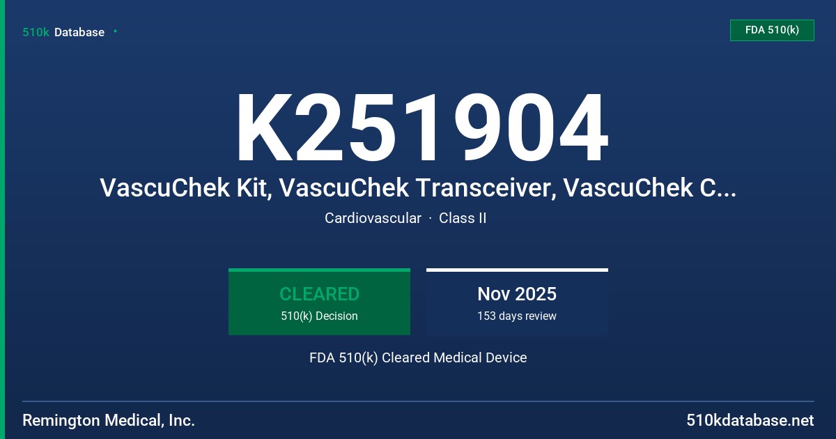 K251904 VascuChek Kit, VascuChek Transceiver, VascuChek Clinical Probe, VascuChek Speaker Dock (VC-KIT-02, VC-TRX-02, VC-CP-01, VC-SD-01) FDA 510(k) Cleared Medical Device