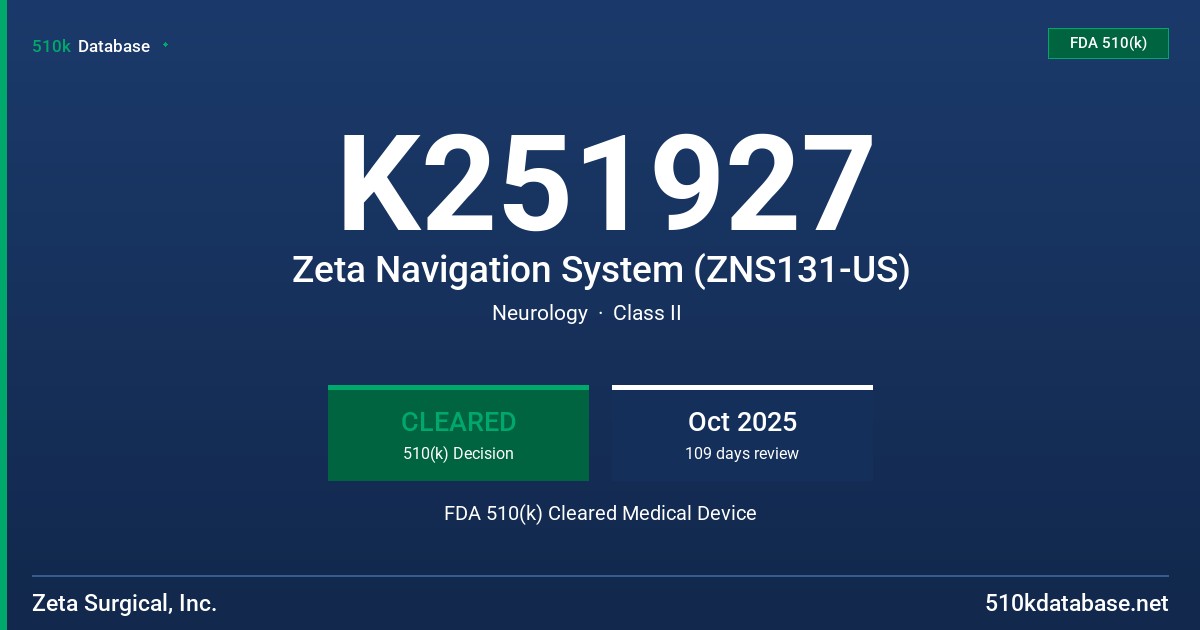 K251927 Zeta Navigation System (ZNS131-US) FDA 510(k) Cleared Medical Device