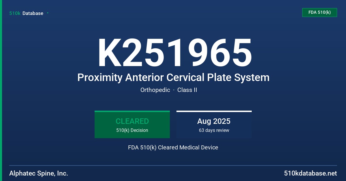 K251965 Proximity Anterior Cervical Plate System FDA 510(k) Cleared Medical Device