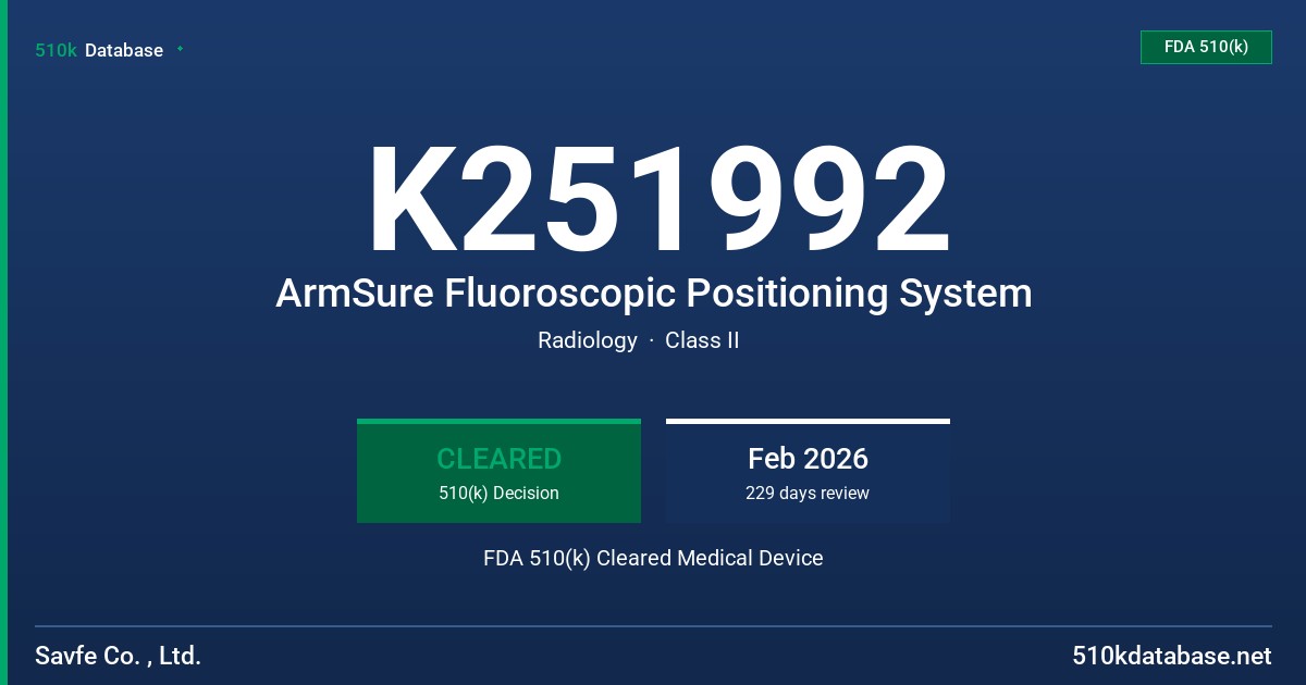 K251992 ArmSure Fluoroscopic Positioning System FDA 510(k) Cleared Medical Device