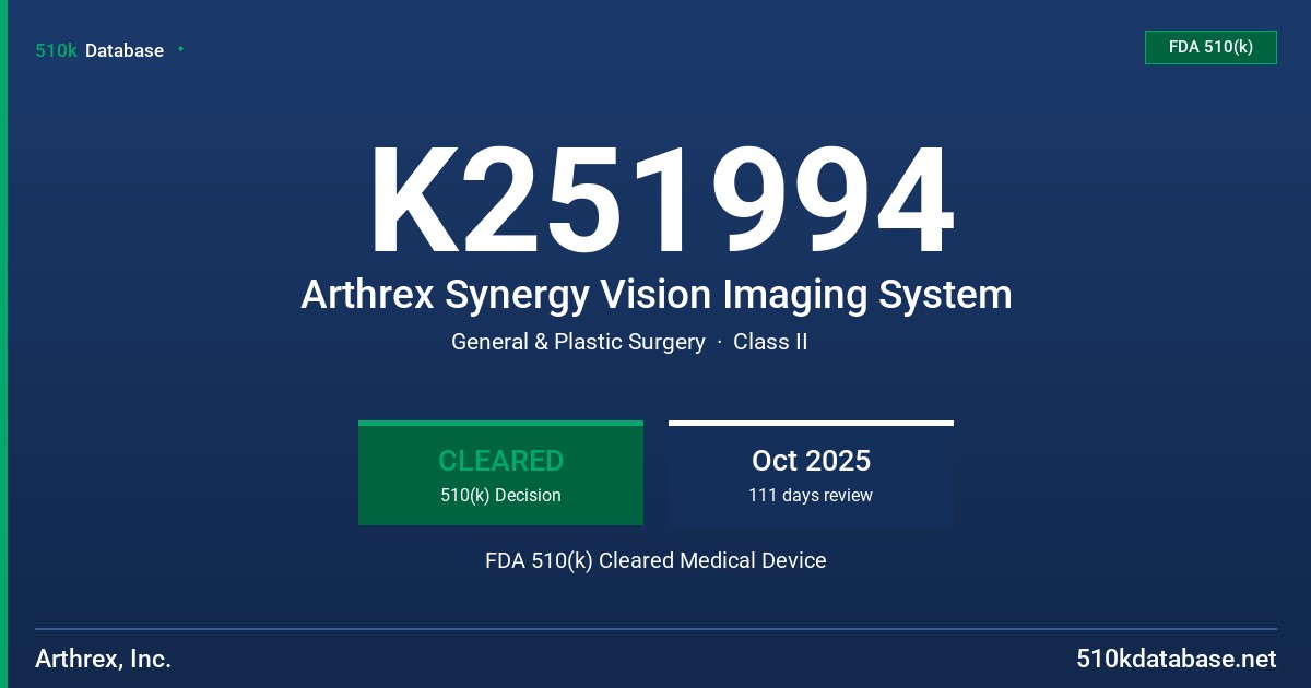 K251994 Arthrex Synergy Vision Imaging System FDA 510(k) Cleared Medical Device
