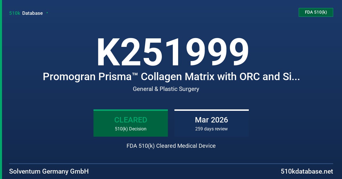 K251999 Promogran Prisma™ Collagen Matrix with ORC and Silver FDA 510(k) Cleared Medical Device