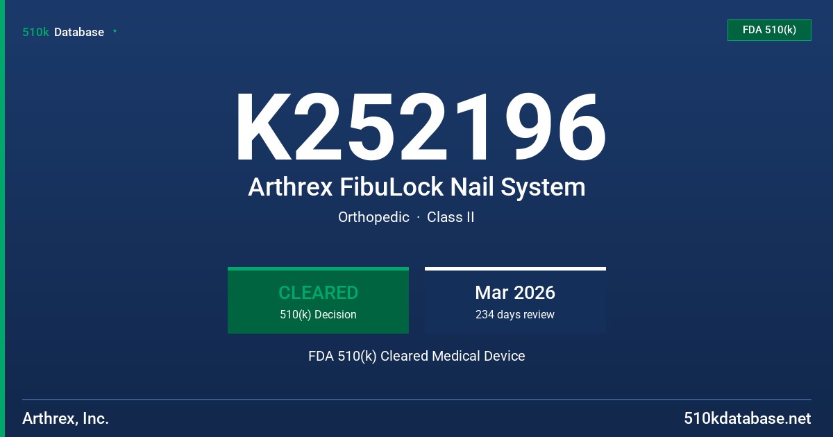 K252196 Arthrex FibuLock Nail System FDA 510(k) Cleared Medical Device