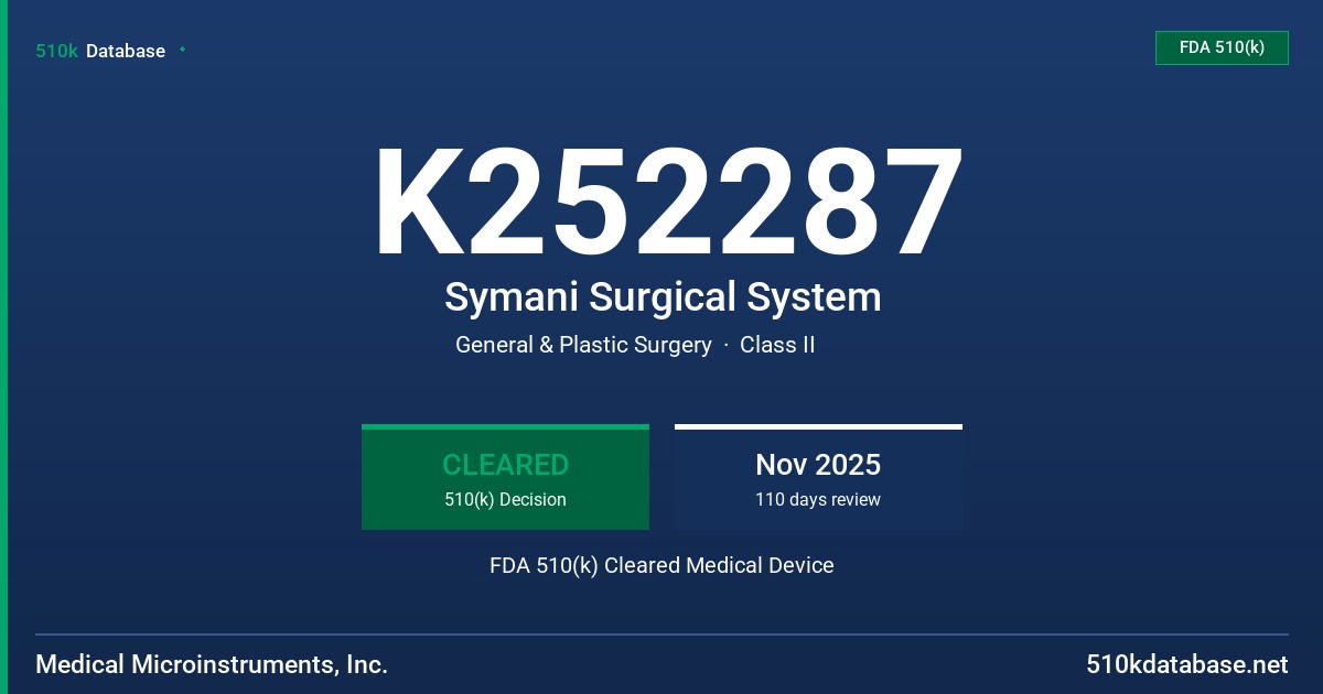 K252287 Symani Surgical System FDA 510(k) Cleared Medical Device