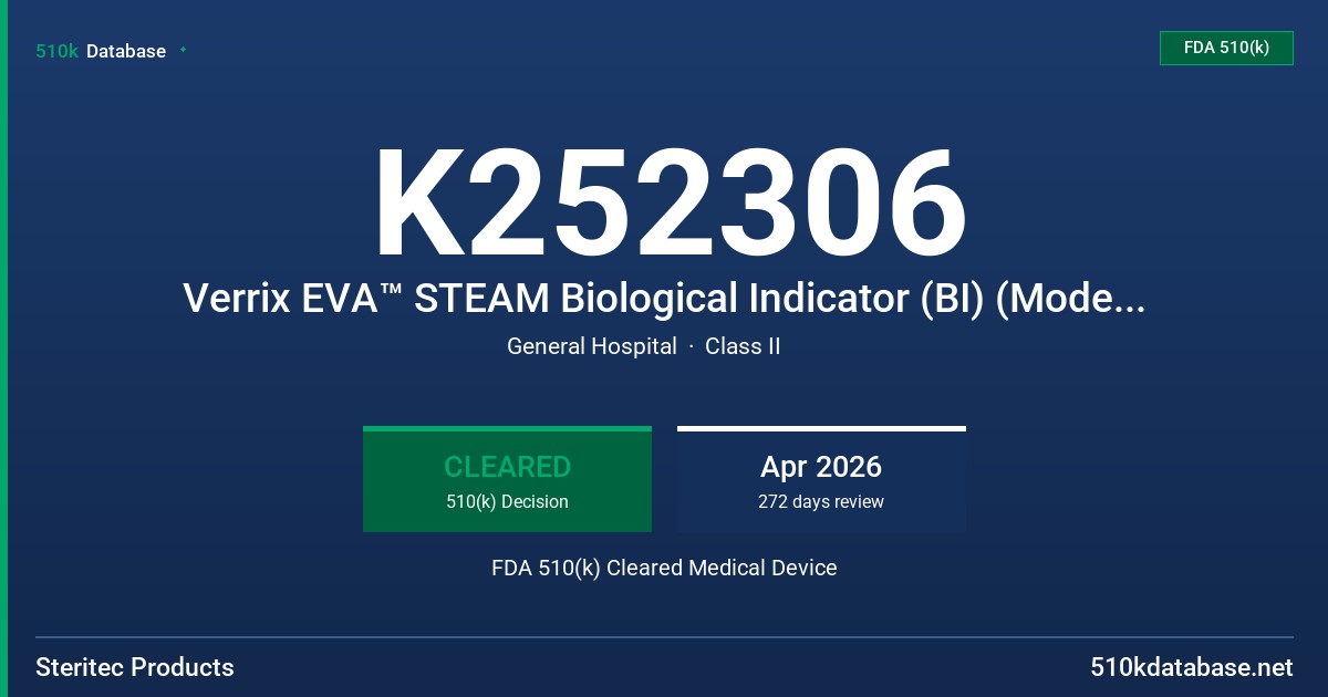 K252306 Verrix EVA™ STEAM Biological Indicator (BI) (Model: 1200), Verrix EVA™ STEAM Process Challenge Device (PCD) (Model: 1300) combined with Verrix EVA™ Auto-Reader (Model: 1100) FDA 510(k) Cleared Medical Device