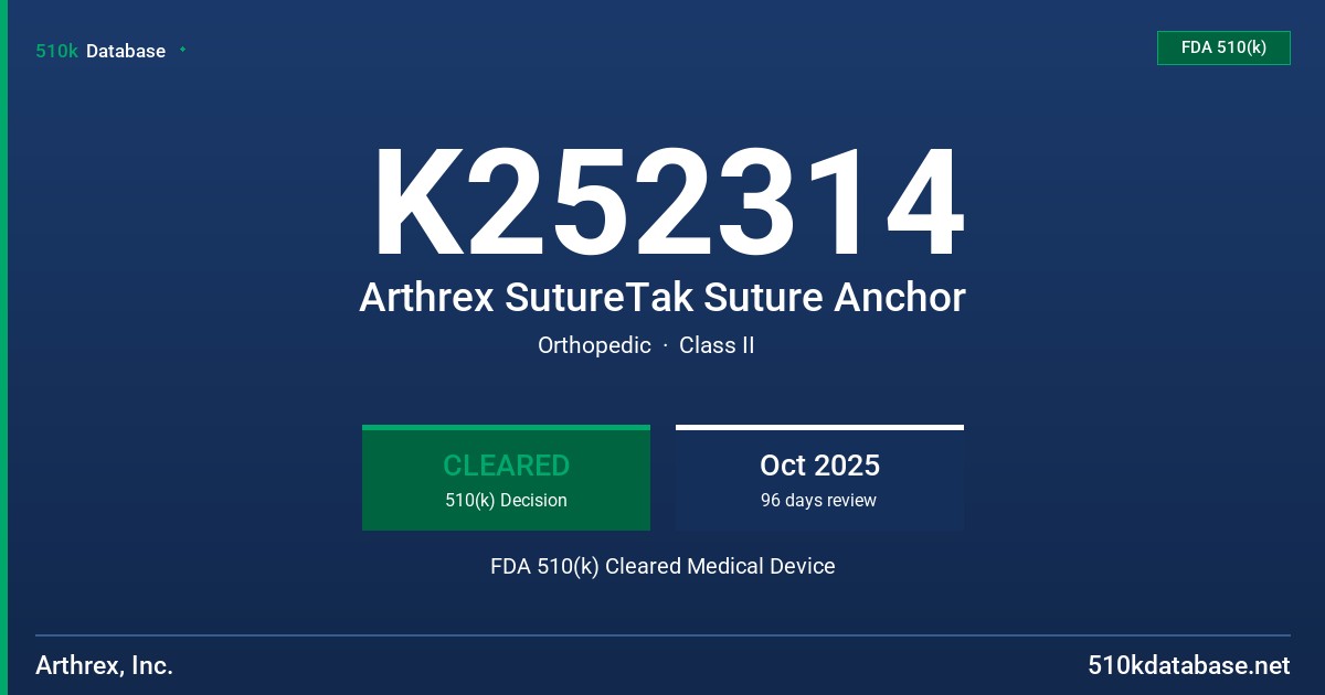 K252314 Arthrex SutureTak Suture Anchor FDA 510(k) Cleared Medical Device