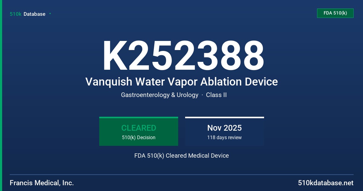 K252388 Vanquish Water Vapor Ablation Device FDA 510(k) Cleared Medical Device