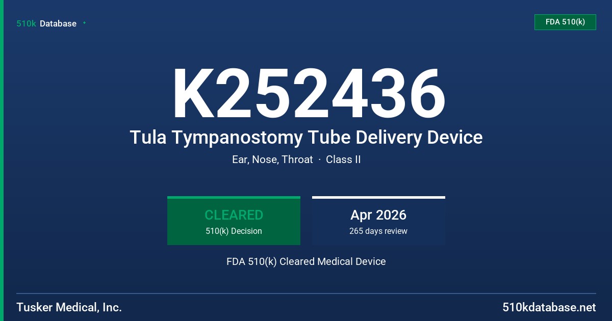 K252436 Tula Tympanostomy Tube Delivery Device FDA 510(k) Cleared Medical Device