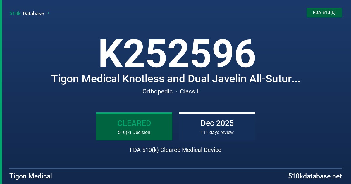 K252596 Tigon Medical Knotless and Dual Javelin All-Suture Anchors FDA 510(k) Cleared Medical Device