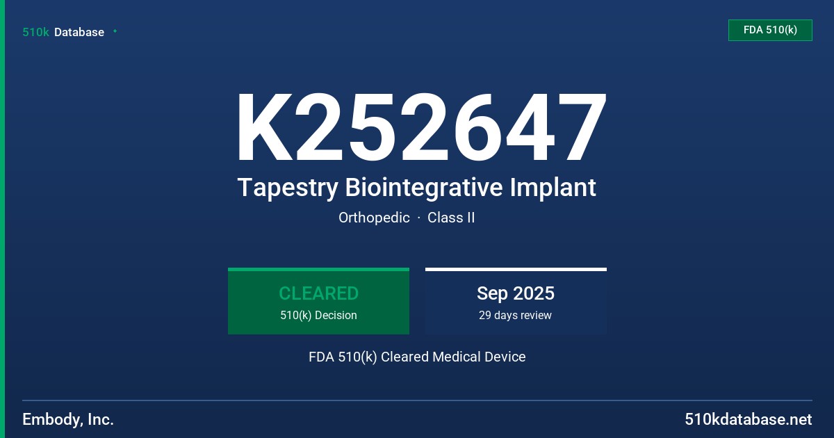 K252647 Tapestry Biointegrative Implant FDA 510(k) Cleared Medical Device