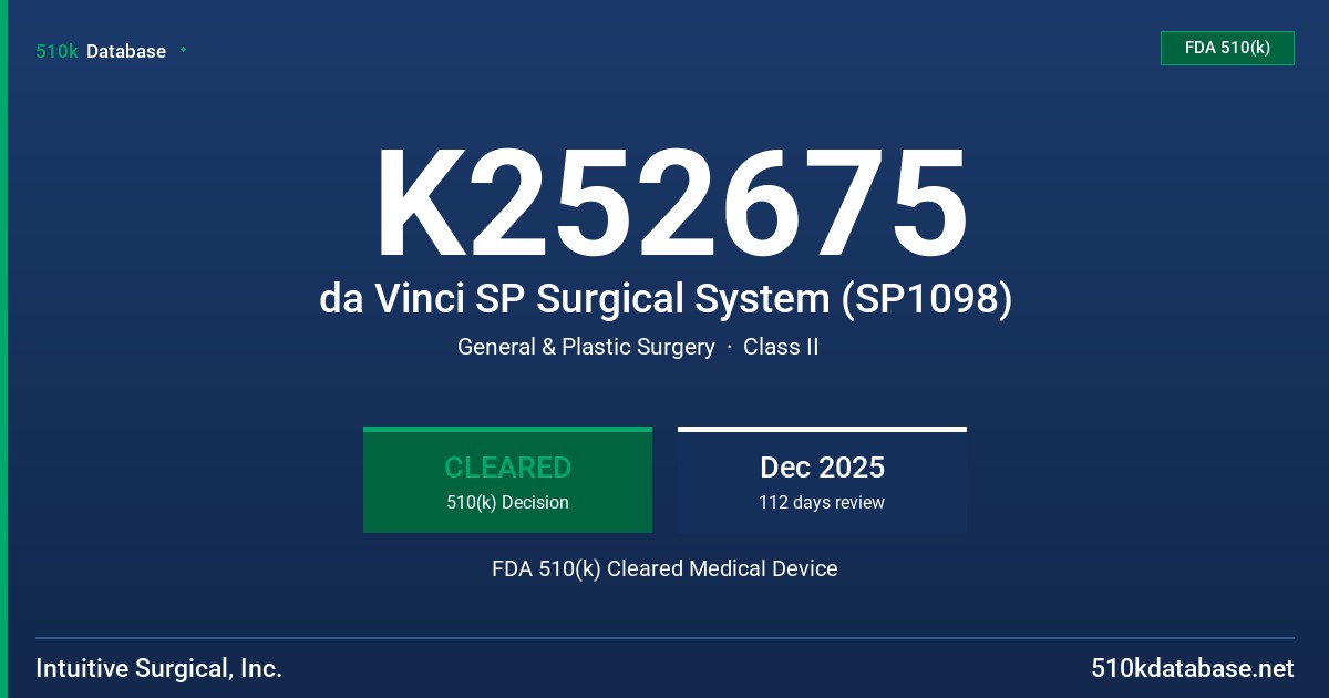 K252675 da Vinci SP Surgical System (SP1098) FDA 510(k) Cleared Medical Device