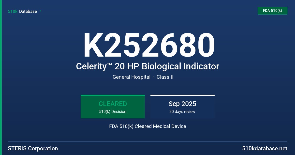 K252680 Celerity™ 20 HP Biological Indicator FDA 510(k) Cleared Medical Device