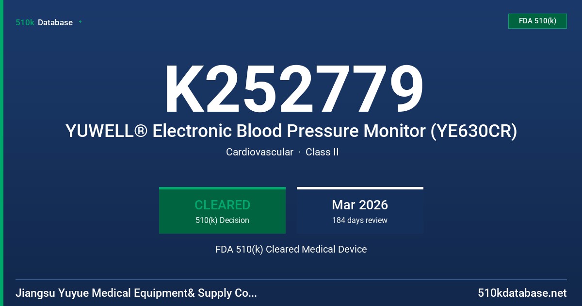 K252779 YUWELL® Electronic Blood Pressure Monitor (YE630CR) FDA 510(k) Cleared Medical Device
