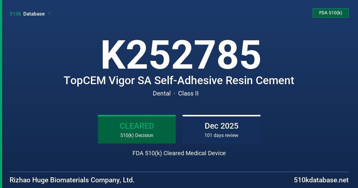 K252785 TopCEM Vigor SA Self-Adhesive Resin Cement FDA 510(k) Cleared Medical Device