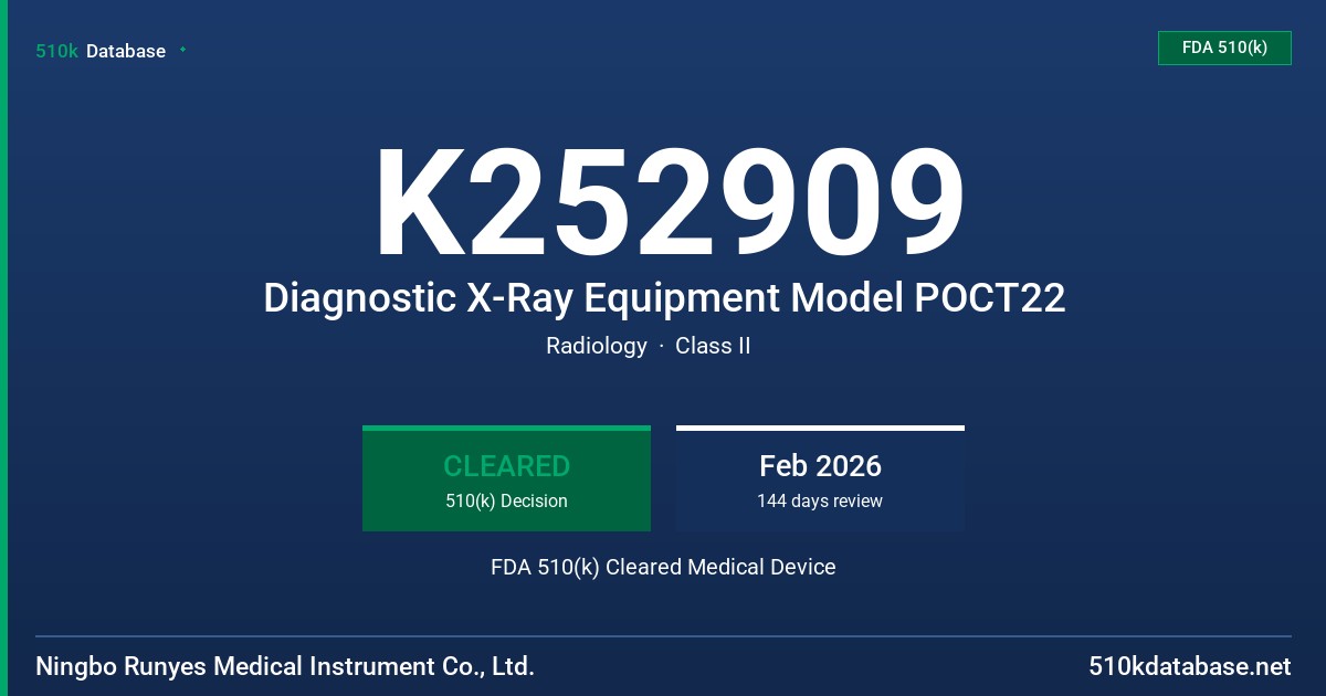 K252909 Diagnostic X-Ray Equipment Model POCT22 FDA 510(k) Cleared Medical Device