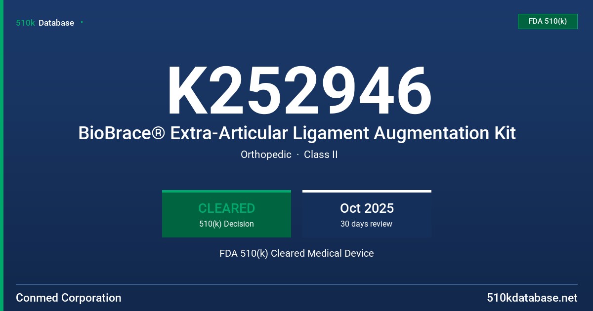 K252946 BioBrace® Extra-Articular Ligament Augmentation Kit FDA 510(k) Cleared Medical Device