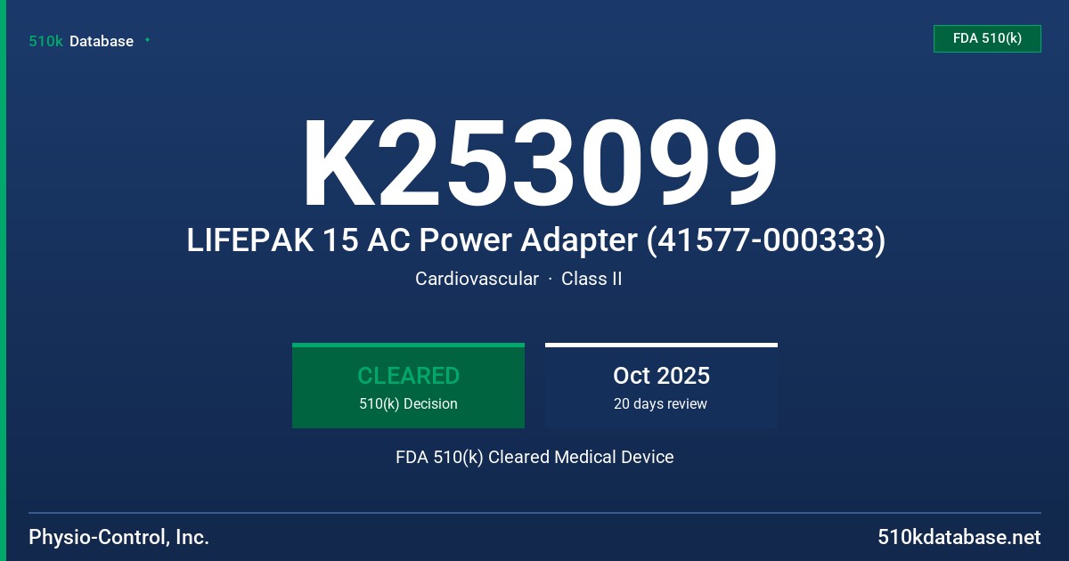 K253099 LIFEPAK 15 AC Power Adapter (41577-000333) FDA 510(k) Cleared Medical Device
